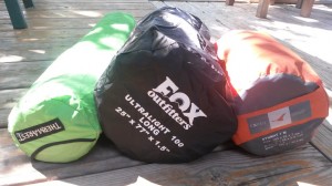 Left to Right: Thermarest Trail Lite, Fox Outfitters Ultralight 100 Long, Exped Synmat